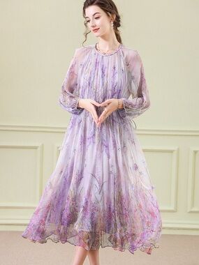 SLIPINTOSOFT Floral Silk Midi Dress w/ Sheer Long Sleeves in Pink - L